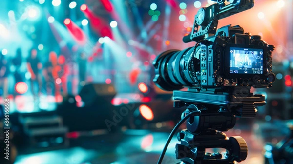 Fototapeta Cinematic scene of a video production studio with professional cameras and lighting equipment