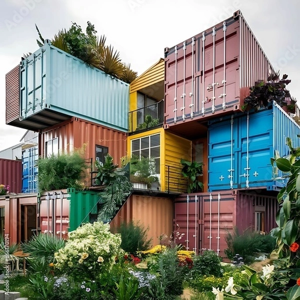 Fototapeta house made with containers, different construction models and different colors - 1