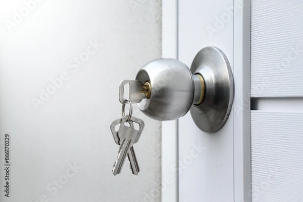 Obraz Keys and silver knob on a white wooden door against against the gray concrete background for forgot to close the door or lost the key and safety with security concept.
