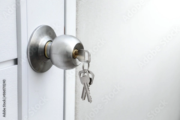 Obraz Close up silver knob and keys on white wooden door for the concept of forgetting to lock the door or forgetting the key.