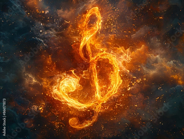 Obraz a dynamic of music, with a burning flame-like symbol representing the notes and a swirling blue background 