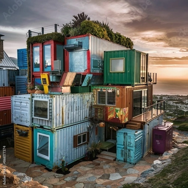 Fototapeta house made with containers, different construction models and different colors - 1