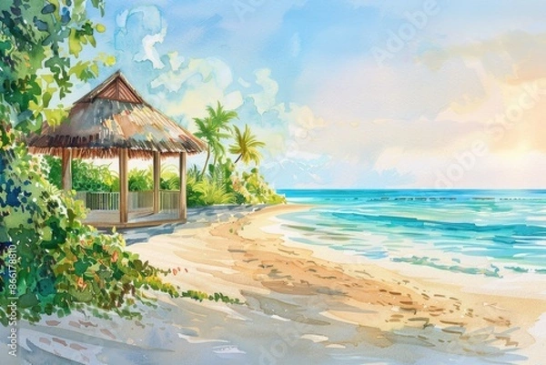Fototapeta Beautiful tropical beach at sunset with a cozy hut, palm trees, and serene ocean waves in a colorful watercolor painting.
