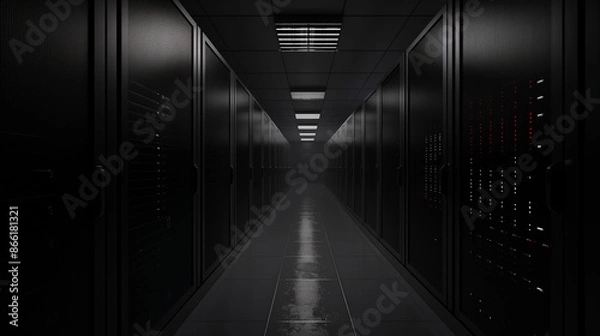 Fototapeta Computer database server room in black toned style