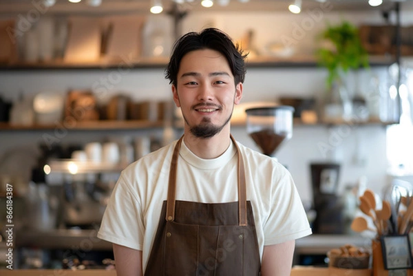 Obraz Barista man in cafe smiling face shop owner concept