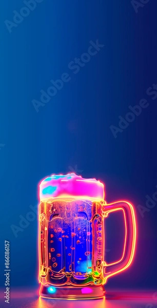 Fototapeta Neon beer mug, hyper-realistic photo, high quality.