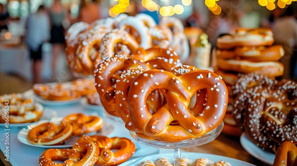Fototapeta A delicious pretzel in a bakery window surrounded by other baked goods. Hyper-realistic photo, high quality.