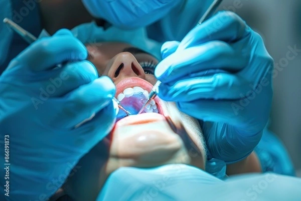 Fototapeta Dentist performing a tooth extraction on a patient