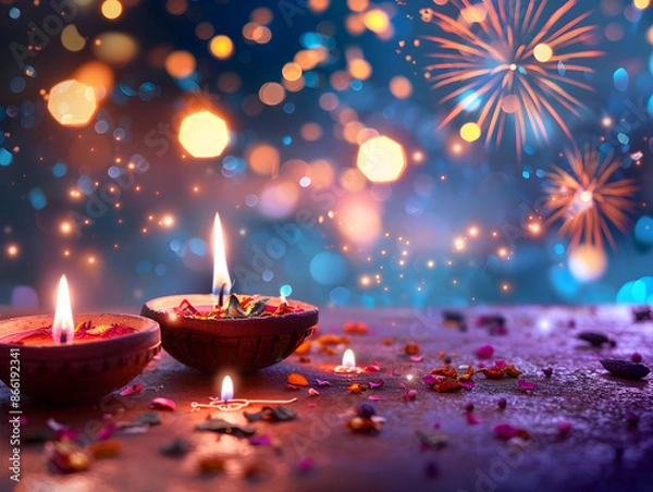 Obraz Vibrant Diwali celebration with rows of illuminated lamps and festive decorations creating a warm ambiance.