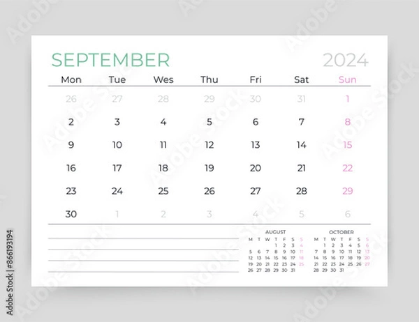Fototapeta Calendar for September 2024 year. Planner calender template. Week starts Monday. Desk monthly organizer. Schedule grid. Timetable layout. Vector simple illustration. Corporate diary. Paper size A5
