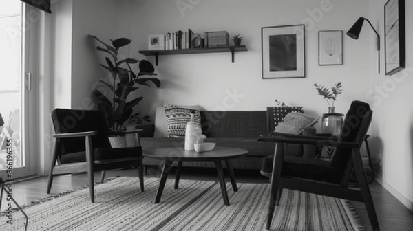 Fototapeta An interior shot of a minimalist living room with Scandinavian furniture and a monochrome color scheme.