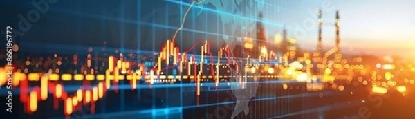 Fototapeta Abstract city skyline with glowing lines and shapes.