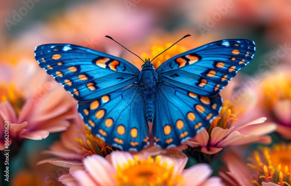 Fototapeta A blue and orange butterfly is perched on a flower. The butterfly is surrounded by orange flowers, which create a warm and inviting atmosphere