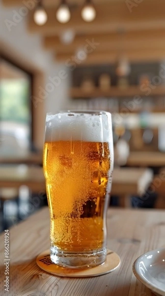 Fototapeta Golden Amber Beer in a Frosty Glass on Wooden Table at Cozy Bar or Pub