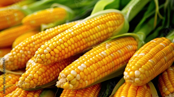 Fototapeta This close-up image features fresh yellow corn cobs with their green husks, highlighting the vibrant and appetizing appearance of this nutritious and versatile staple food.
