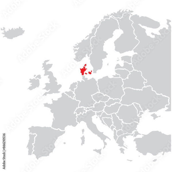 Fototapeta Map of Denmark highligted with red in Europe map