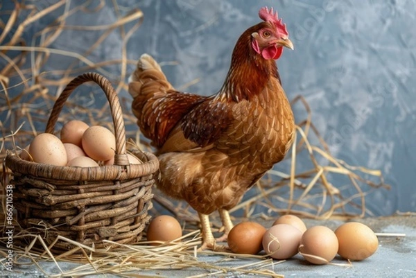 Fototapeta Hen with Basket of Fresh Eggs on Straw