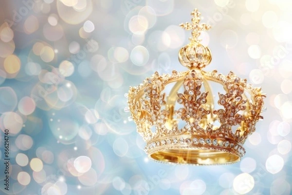 Fototapeta  A regal and elegant golden crown hangs in mid-air against a pure and crystal-clear background