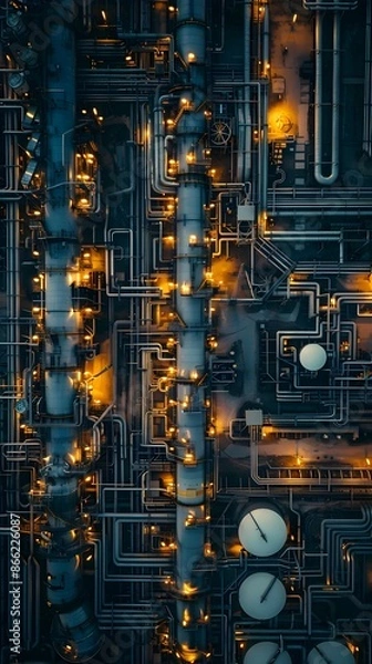 Fototapeta Aerial View of Illuminated Oil Refinery at Night with Intricate Maze of Pipes and Tanks