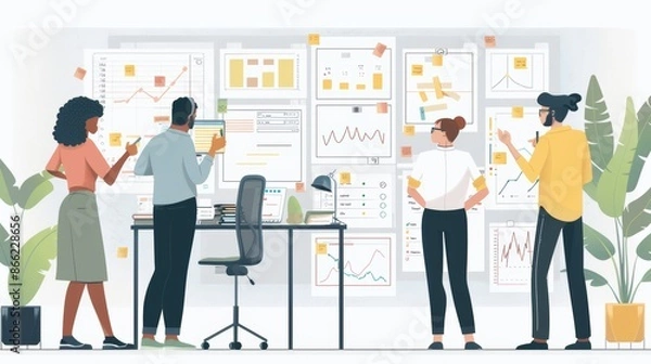 Fototapeta Colleagues in a trendy office, surrounded by charts and notes on the walls, actively engaging in a creative discussion