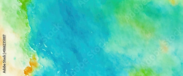 Fototapeta Blue Green orange abstract pattern watercolor background. Stain splash rough daub grain grunge