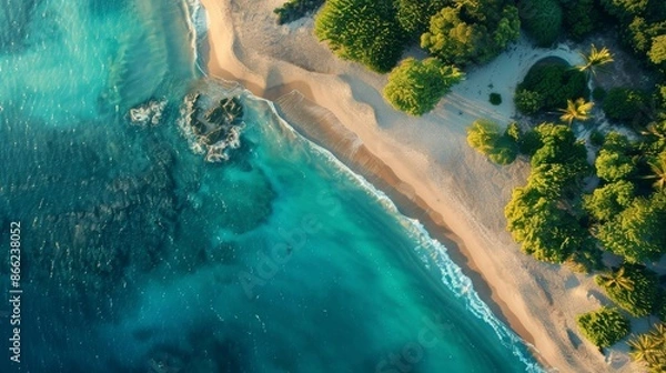 Fototapeta Aerial view of pristine beach with turquoise water, white sand, and lush green trees. Tropical paradise, travel destination, summer vacation, holiday