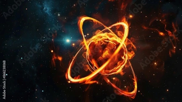 Fototapeta Atom of matter glowing and emitting energy in black space