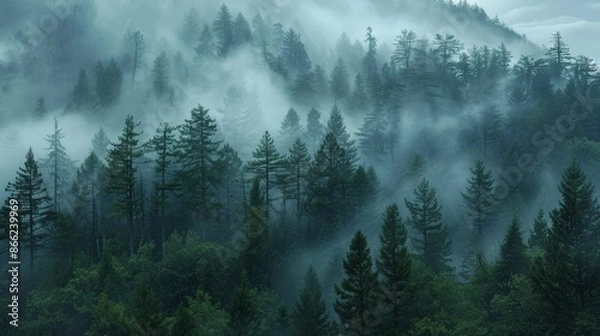 Fototapeta Overcast day in a pine forest with heavy fog obscuring the tree tops and creating an ethereal scene