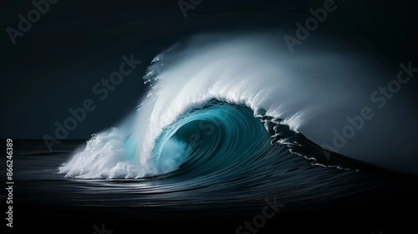 Fototapeta Powerful ocean wave curls in perfect barrel shape. Vibrant turquoise water contrasts with white spray and dark surroundings. Sunlight catches crest, illuminating intricate details. 
