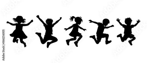 Fototapeta Children dancing silhouette black filled vector Illustration icon. kids playing vector. Children are jumping, playing and having fun.