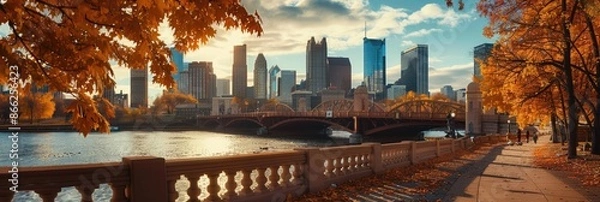 Fototapeta Beautiful Skyline of Minneapolis City in Autumn with 3rd Avenue Bridge