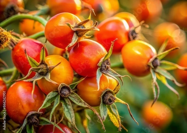 Fototapeta Vibrant orange rose hips with delicate seeds and wispy hairs against a soft blurred background, highlighting the intricate textures and natural beauty of the fruit.