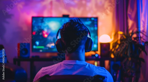 Obraz Gamer Immersed in Gaming Experience. A man with headphones sits in front of a screen playing a video game in a dark room illuminated by colorful lights.