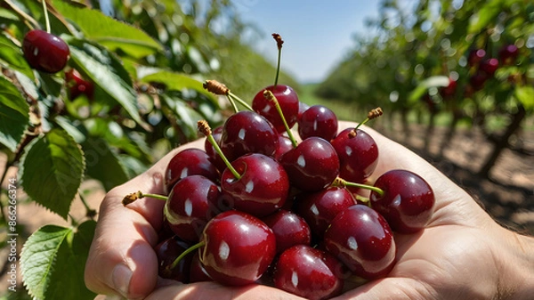 Fototapeta A handful of cherries offered in a human palm in a cherry orchard