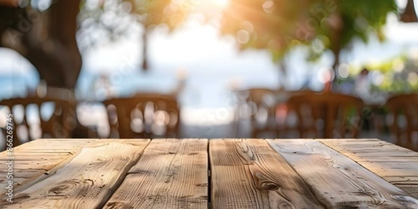 Fototapeta Wooden Table with Blurred Beach Cafe Background High-Quality Photo. Concept Beach Cafe, Wooden Table, Blurred Background, High-Quality Photo