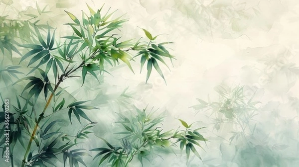 Fototapeta Abstract watercolor painting of bamboo forest in misty landscape. Japanese style art print of nature scene. Tranquil and peaceful background.