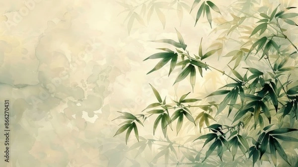 Fototapeta Watercolor painting of bamboo leaves with a soft, pastel background. Zen art with nature imagery and foliage.