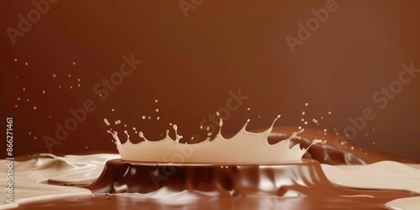 Fototapeta Chocolate podium 3D background product coffee stand display platform liquid milk splash. 3D chocolate wave cocoa podium