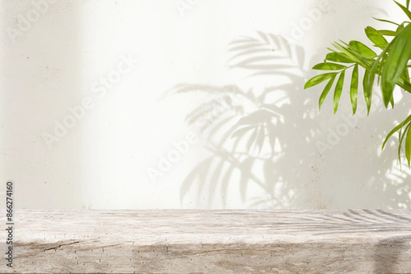 Fototapeta Blank wooden table space with green houseplant leaves in sunlight shadow on abstract stucco wall background