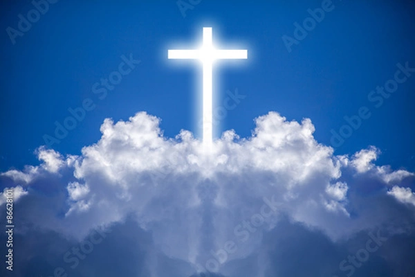 Fototapeta White cross in the heavens is a mixture of a cloud photograph and an illustrated cross.