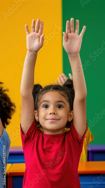 Obraz Diverse students raising hands in a colorful classroom, engaged learning, educational banner