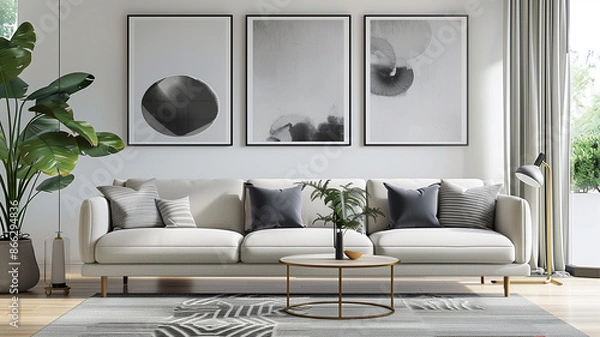 Fototapeta Living room with three framed artworks above a couch, in the style of monochrome abstraction, 