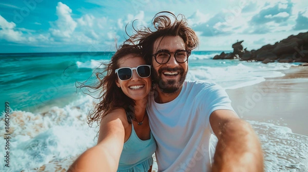 Obraz A couple taking a selfie on a sunny beach, both wearing sunglasses and smiling brightly. The ocean waves and clear blue sky create a perfect summer vacation vibe.