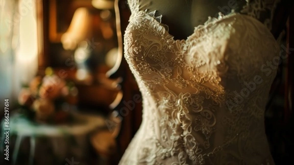 Fototapeta Exquisite Close Up of an Intricately Designed Lace Wedding Gown in a Vintage Room Setting