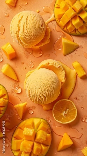 Fototapeta Mango and orange ice cream scoops with fresh mango chunks and orange slices on a peach background, ideal for food, dessert, and summer-themed content