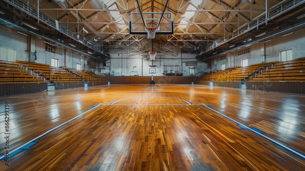 Fototapeta An empty indoor basketball court with polished wooden floors, basketball hoops at both ends, and bleachers along the sides, captured in a horizontal panoramic view.