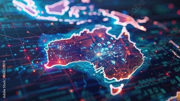 Fototapeta Digital map of Australia, concept of global network and connectivity, data transfer and cyber technology