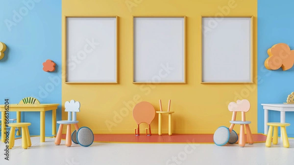 Fototapeta Blank mockup frames on a brightly painted, colorful wall in a kindergarten or children's playroom, ready for display and showcasing concepts with ample copy space.