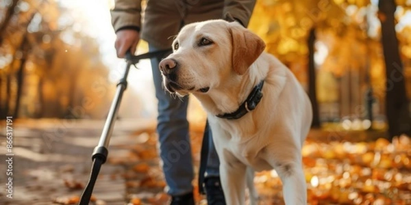 Fototapeta Dog blind guide service person disabled impaired help labrador eye sight man visual animal.