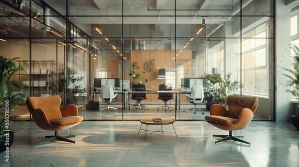 Obraz A modern office space with a glass wall and two brown chairs